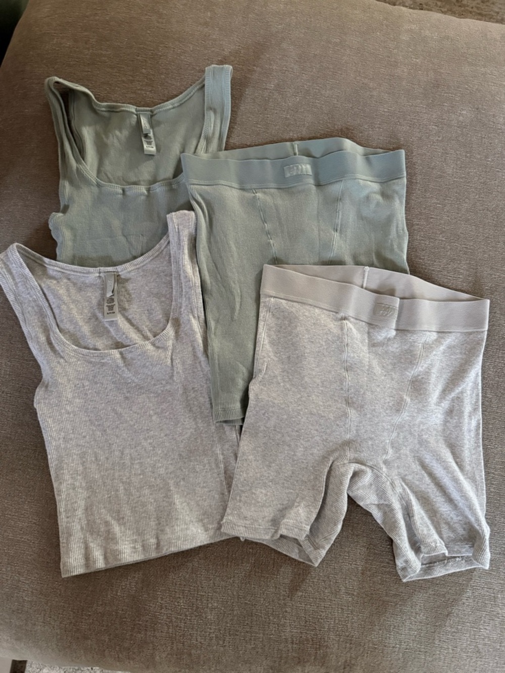Skims Ribbed Tank & Boxer Short Set in Light Gray and Sage